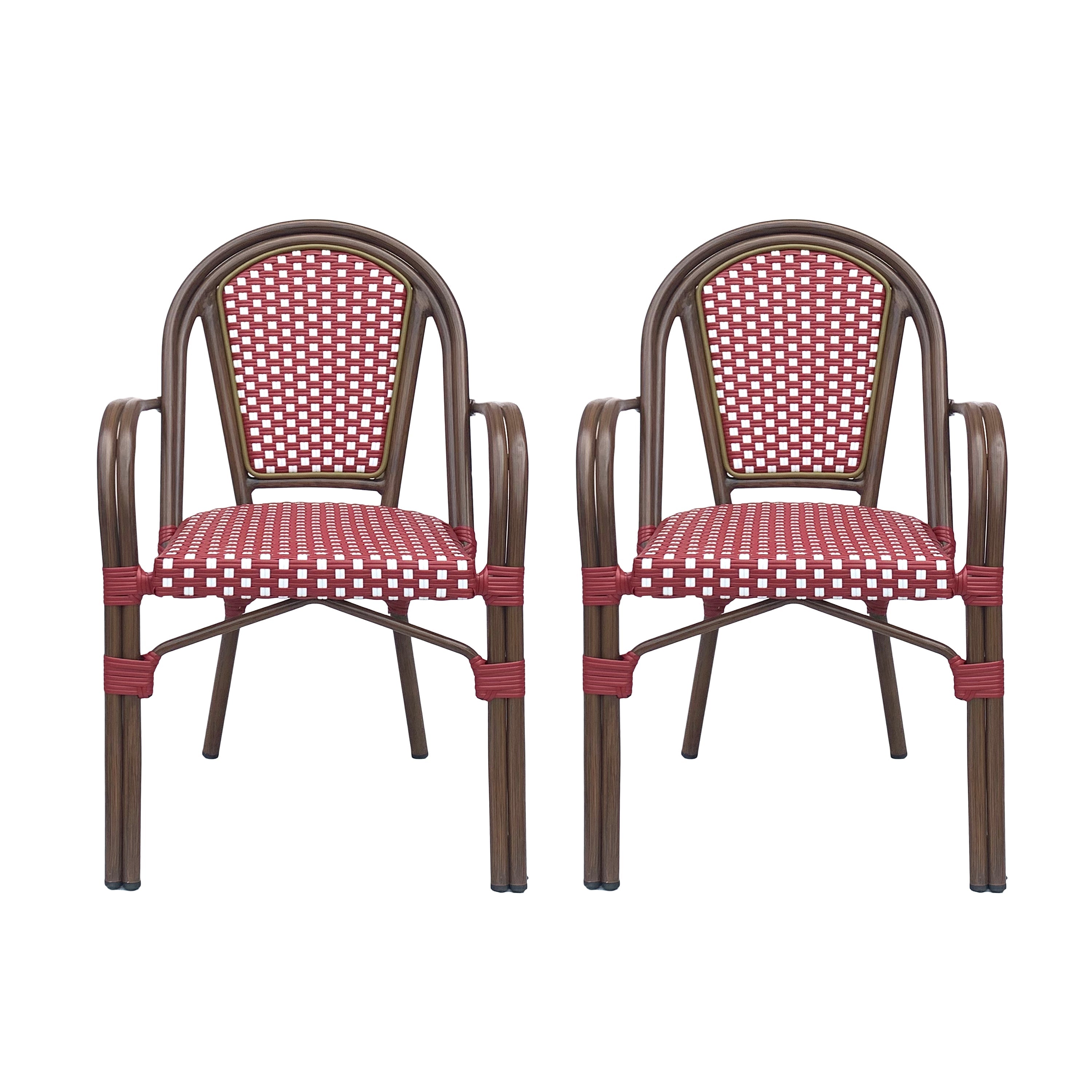 Crowned Wicker Bistro Chair with Checkered Pattern and Curved Arms, Set of 2