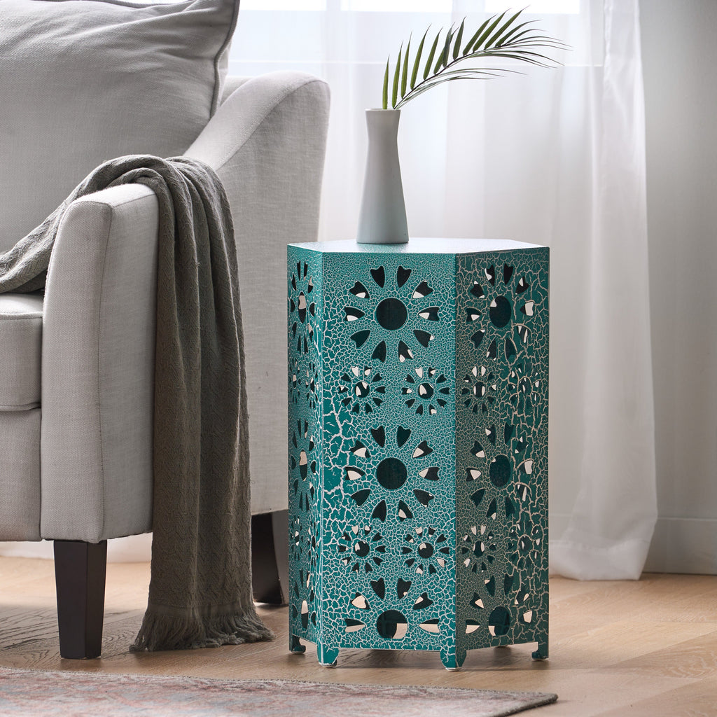 Enshrine Outdoor Iron Side Table with Sunburst Cut Out Design