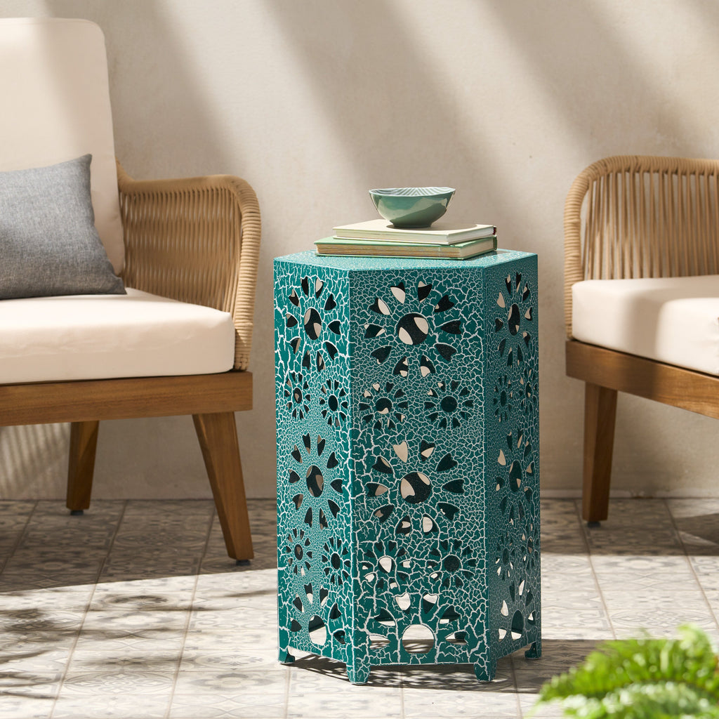 Enshrine Outdoor Iron Side Table with Sunburst Cut Out Design