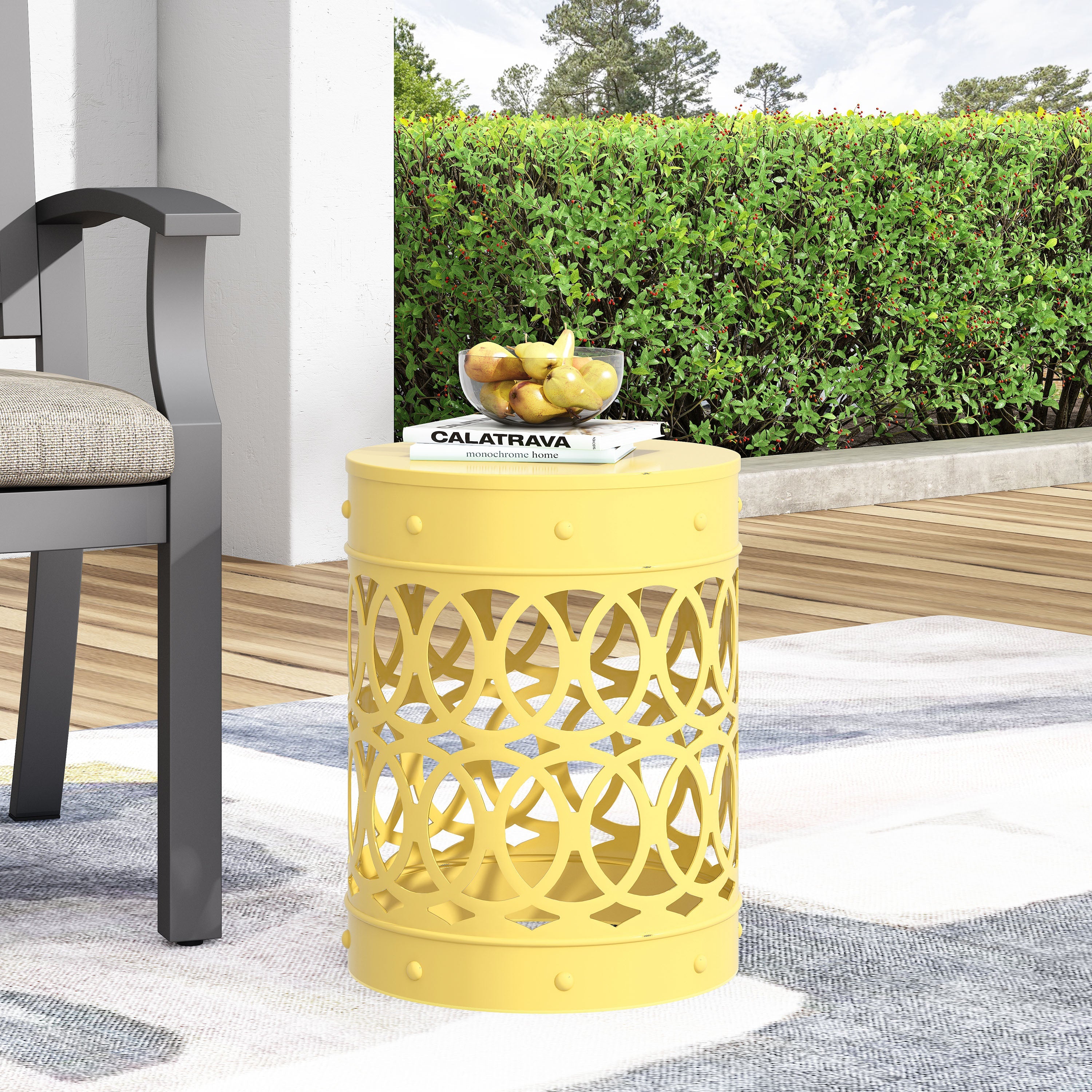 Symmetry Yellow Outdoor Cylindrical End Table with Overlapping Circle Pattern
