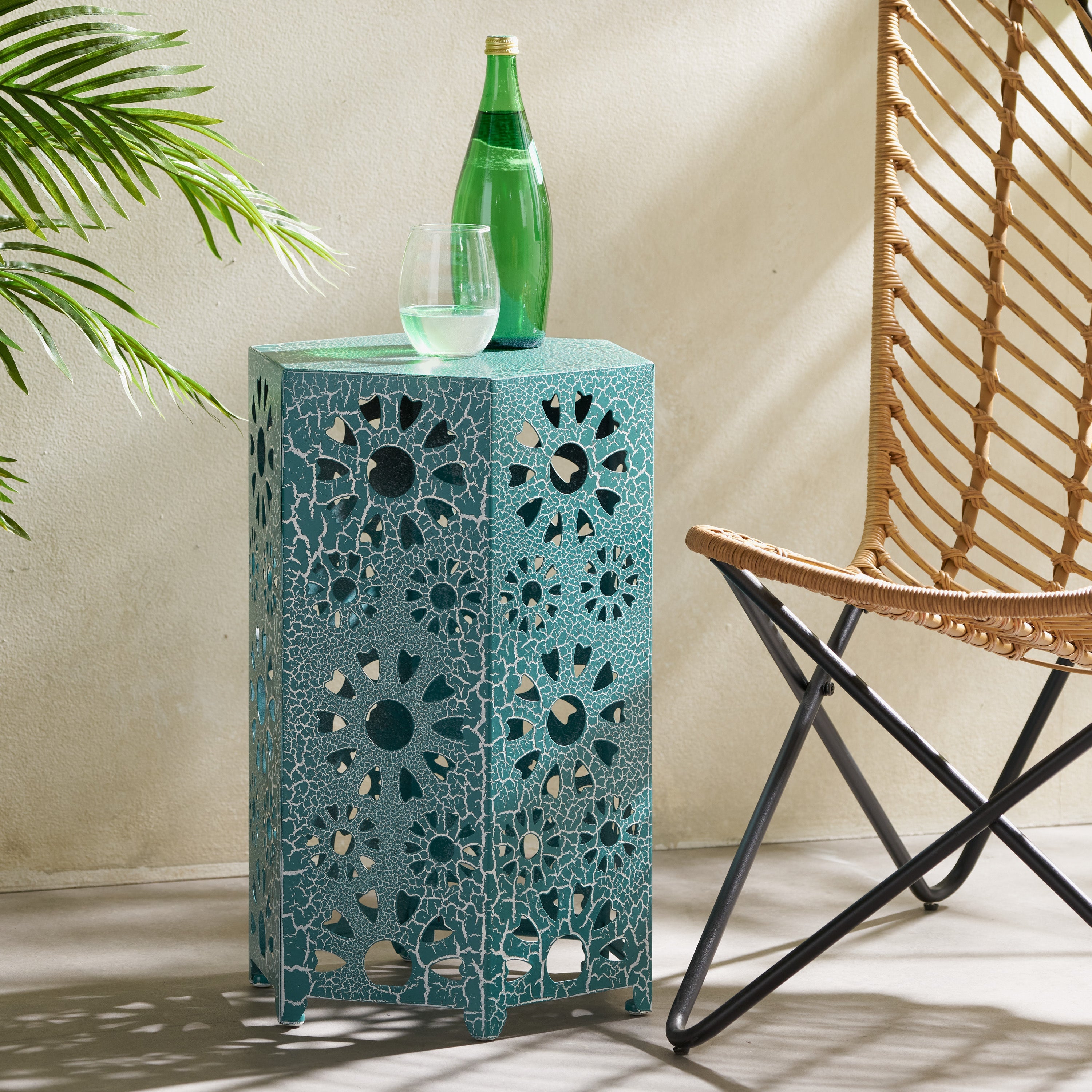 Enshrine Outdoor Iron Side Table with Sunburst Cut Out Design
