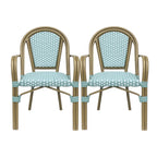 Crowned Wicker Bistro Chair with Checkered Pattern and Curved Arms, Set of 2