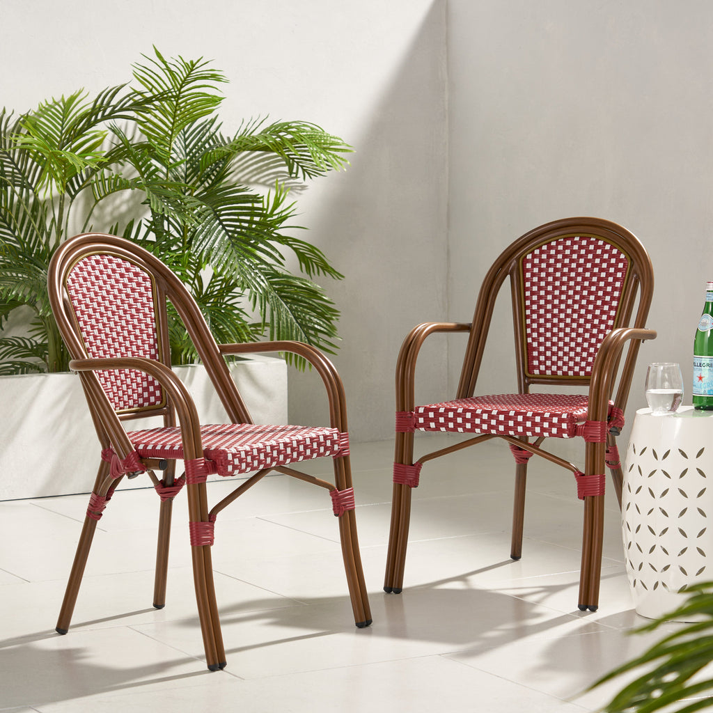 Crowned Wicker Bistro Chair with Checkered Pattern and Curved Arms, Set of 2