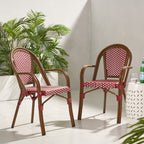 Crowned Wicker Bistro Chair with Checkered Pattern and Curved Arms, Set of 2
