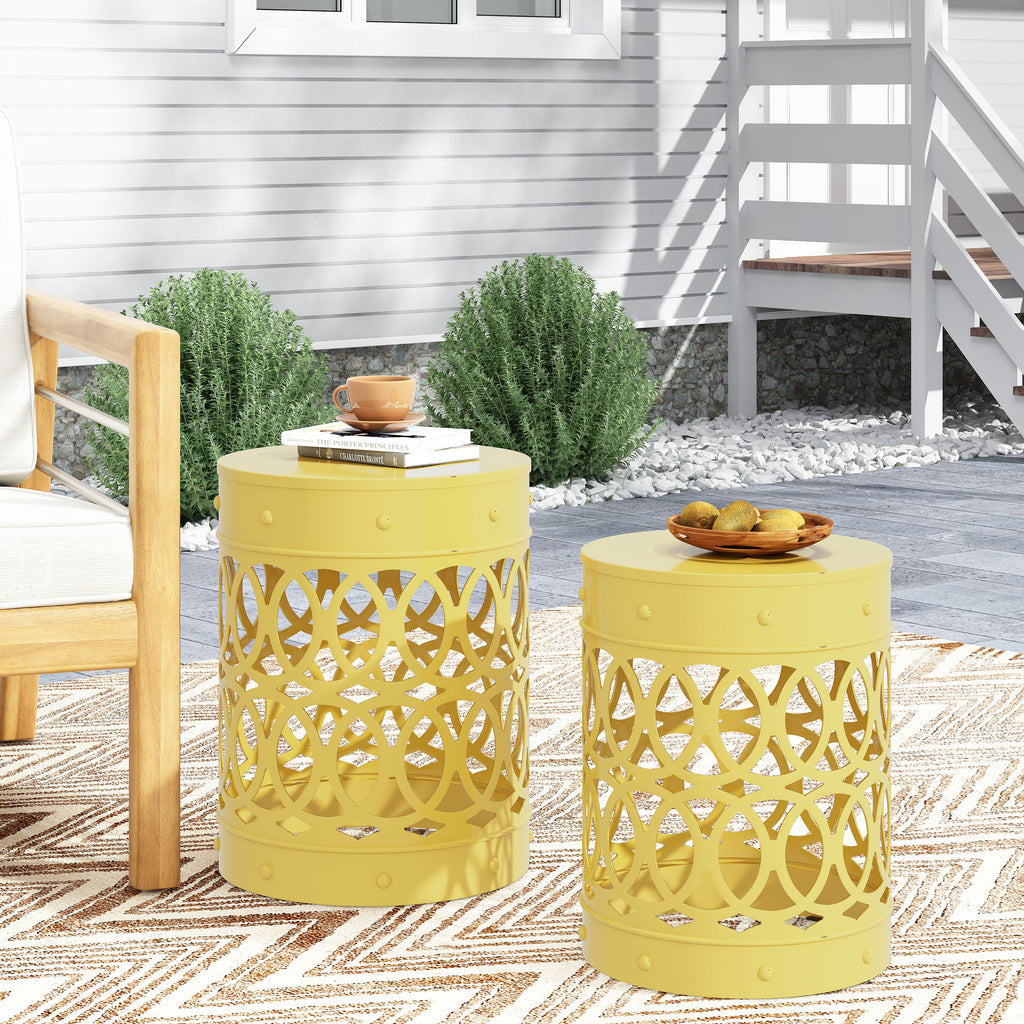 Symmetry Yellow Outdoor Cylindrical End Table with Overlapping Circle Pattern