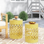 Symmetry Yellow Outdoor Cylindrical End Table with Overlapping Circle Pattern