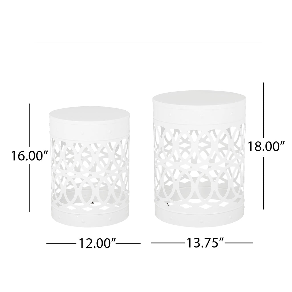 Symmetry White Outdoor Cylindrical End Table with Overlapping Circle Pattern